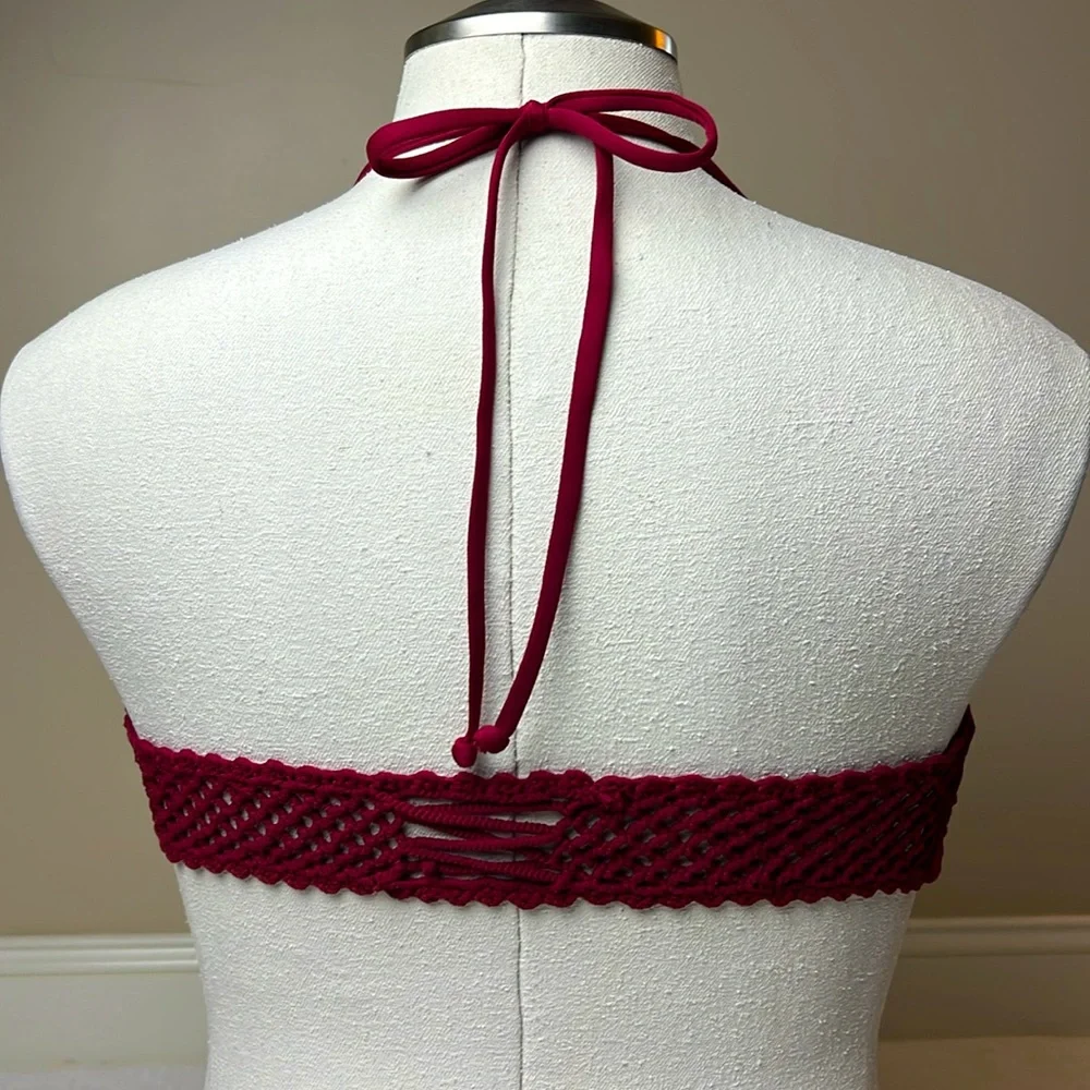 New! Frankie’s Bikinis burgundy Halter Top crochet back tie neck M